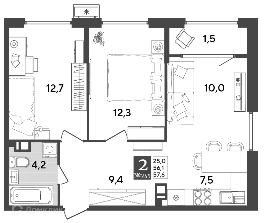 Планировка 2-комнатной квартиры 57.6 м² в ЖК Порто Ново, г. Новороссийск — фото 2