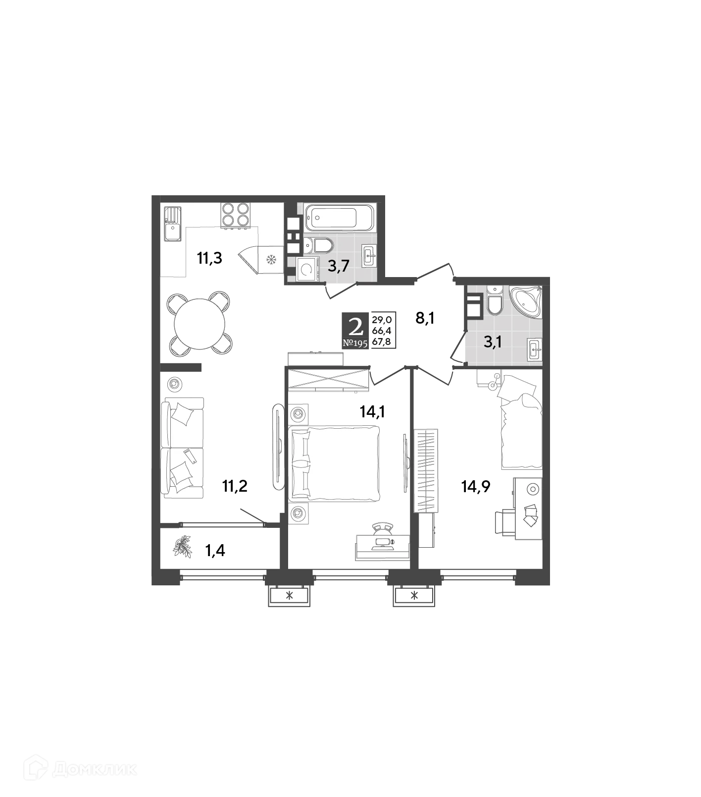 Планировка 2-комнатной квартиры 67.8 м² в ЖК Порто Ново, г. Новороссийск — фото 2