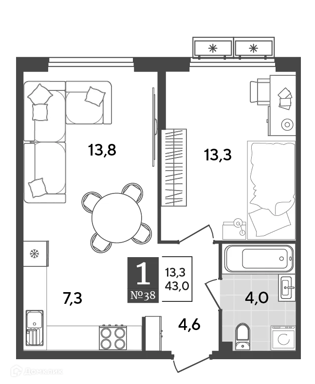 Планировка 1-комнатной квартиры 43 м² в ЖК Порто Ново, г. Новороссийск — фото 2