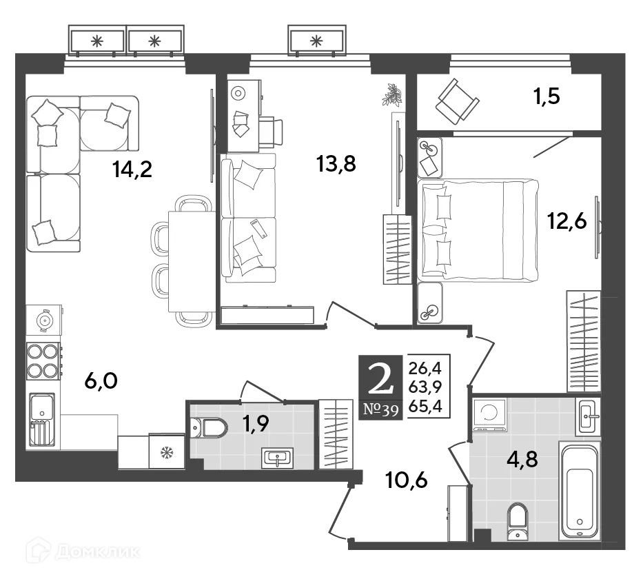 Планировка 2-комнатной квартиры 65.4 м² в ЖК Порто Ново, г. Новороссийск — фото 2