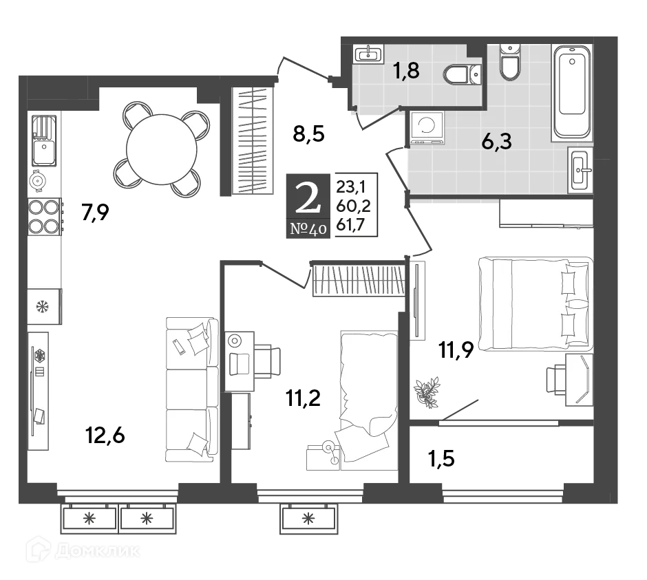 Планировка 2-комнатной квартиры 61.7 м² в ЖК Порто Ново, г. Новороссийск — фото 2