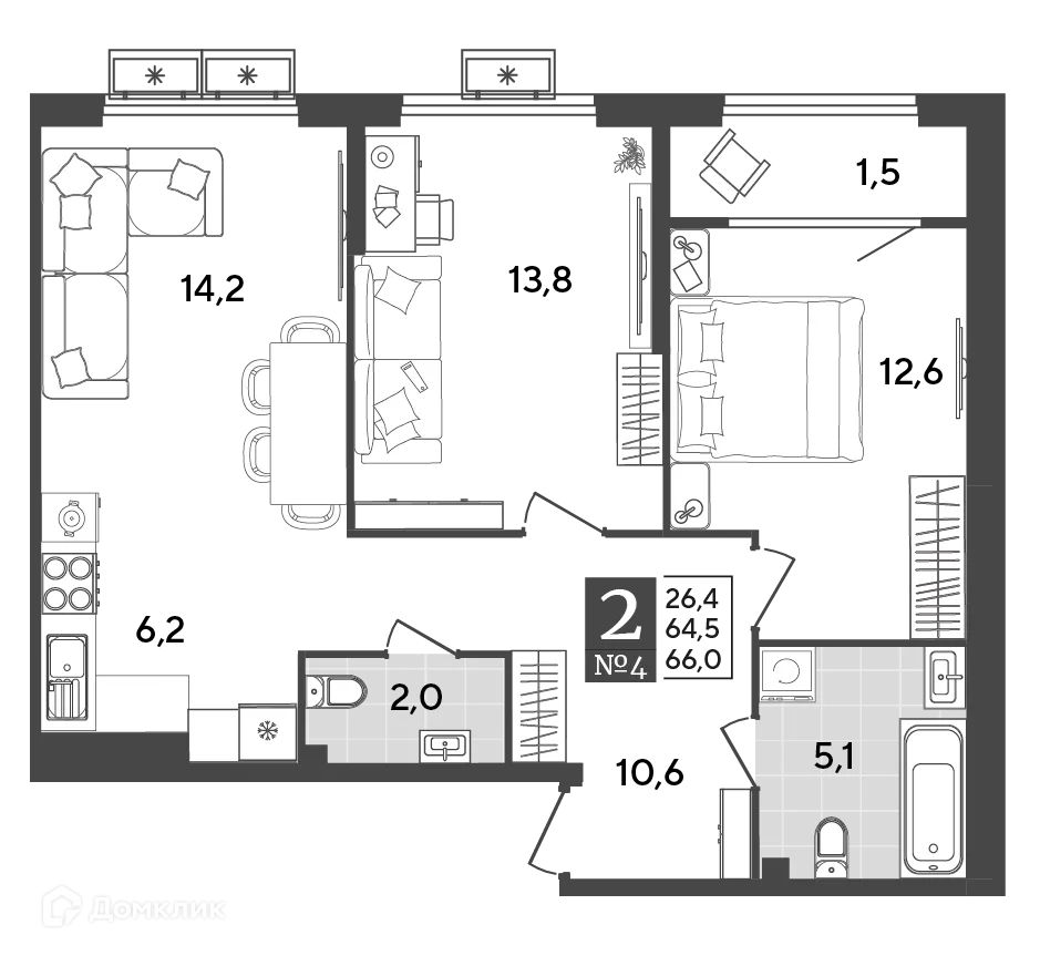 Планировка 2-комнатной квартиры 66 м² в ЖК Порто Ново, г. Новороссийск — фото 2