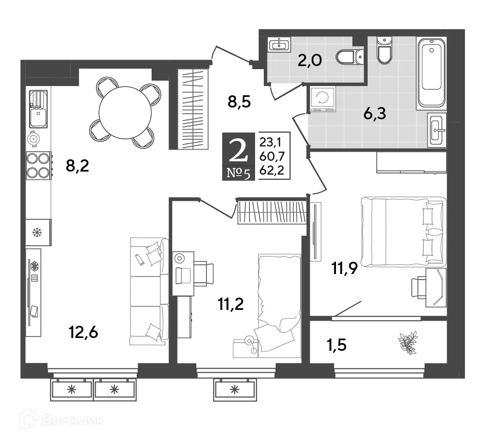 Планировка 2-комнатной квартиры 62.2 м² в ЖК Порто Ново, г. Новороссийск — фото 2