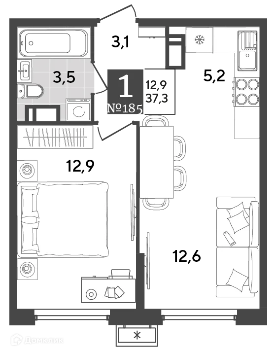 Планировка 1-комнатной квартиры 37.3 м² в ЖК Порто Ново, г. Новороссийск — фото 2