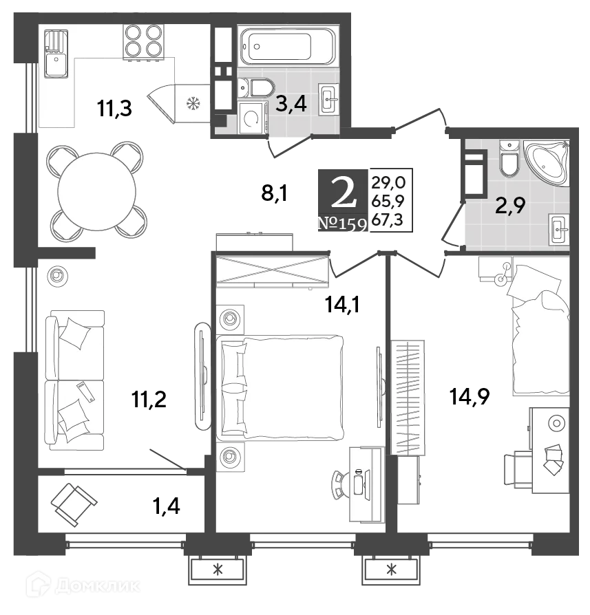 Планировка 2-комнатной квартиры 67.3 м² в ЖК Порто Ново, г. Новороссийск — фото 2