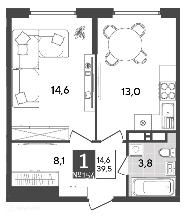 Планировка 1-комнатной квартиры 39.5 м² в ЖК Порто Ново, г. Новороссийск — фото 2