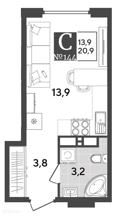 Планировка студии квартиры 20.9 м² в ЖК Порто Ново, г. Новороссийск — фото 2