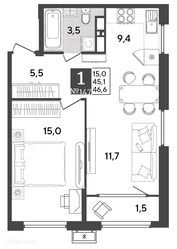 Планировка 1-комнатной квартиры 46.6 м² в ЖК Порто Ново, г. Новороссийск — фото 2