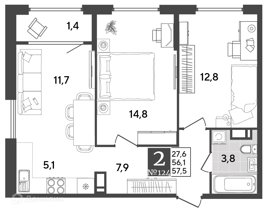Планировка 2-комнатной квартиры 57.5 м² в ЖК Порто Ново, г. Новороссийск — фото 2