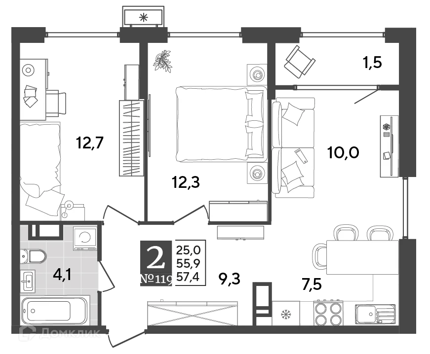Планировка 2-комнатной квартиры 57.4 м² в ЖК Порто Ново, г. Новороссийск — фото 2