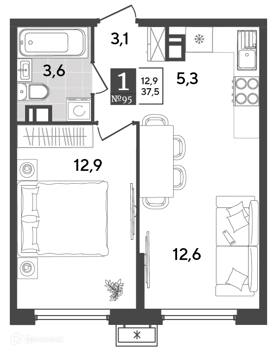 Планировка 1-комнатной квартиры 37.5 м² в ЖК Порто Ново, г. Новороссийск — фото 2