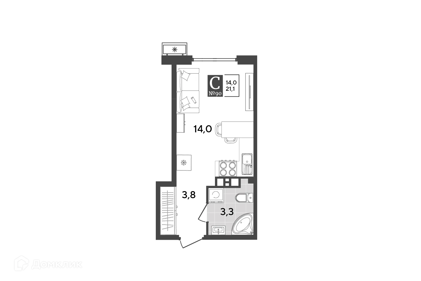 Планировка студии квартиры 21.1 м² в ЖК Порто Ново, г. Новороссийск — фото 2