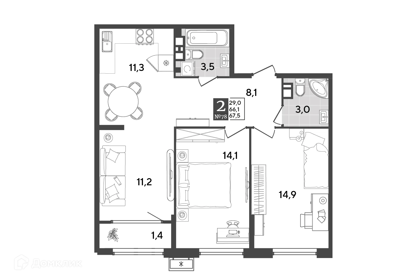 Планировка 2-комнатной квартиры 67.5 м² в ЖК Порто Ново, г. Новороссийск — фото 2