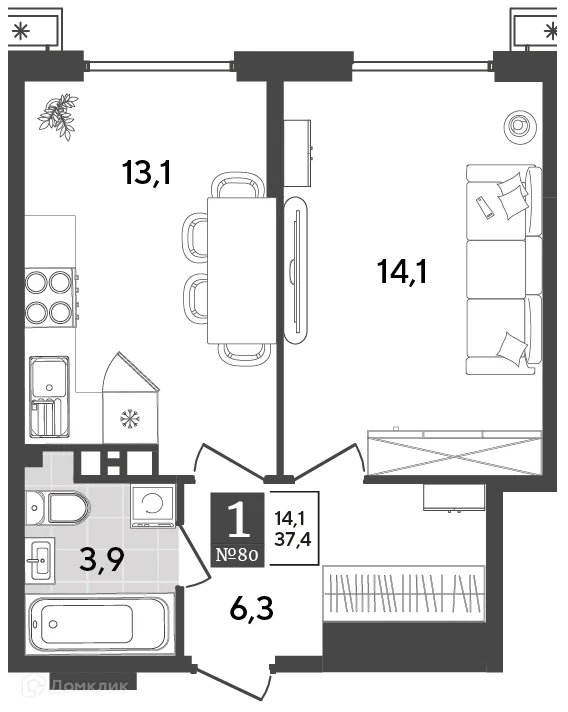 Планировка 1-комнатной квартиры 37.4 м² в ЖК Порто Ново, г. Новороссийск — фото 2
