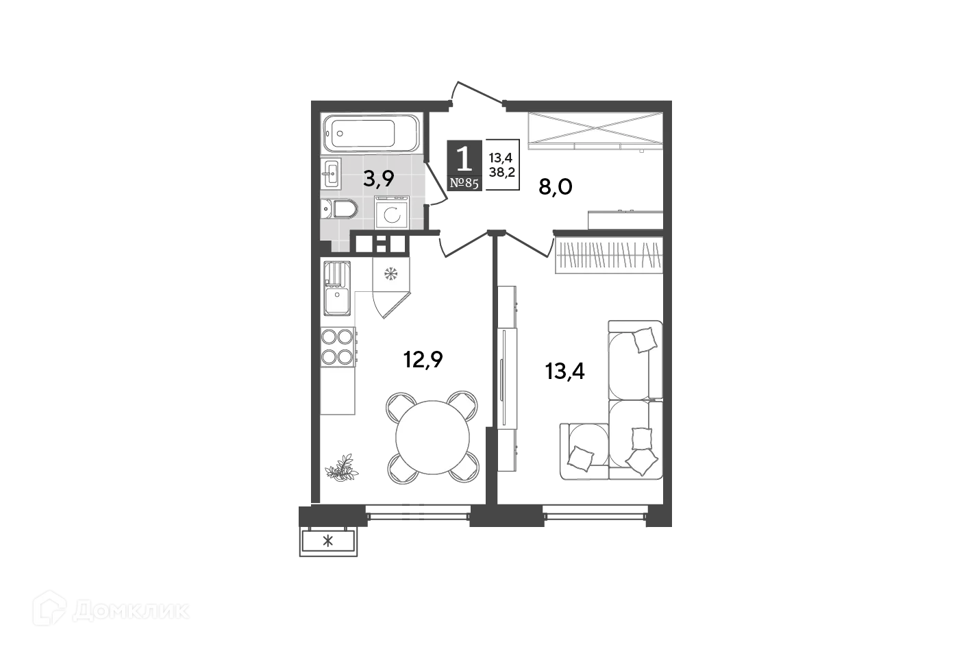 Планировка 1-комнатной квартиры 38.2 м² в ЖК Порто Ново, г. Новороссийск — фото 2