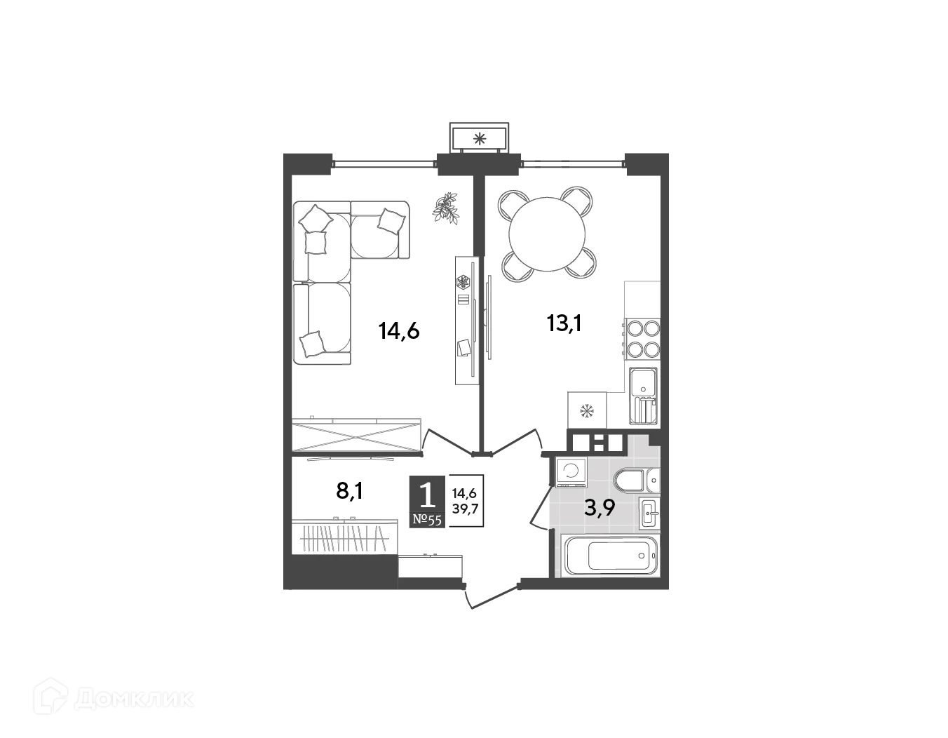 Планировка 1-комнатной квартиры 39.7 м² в ЖК Порто Ново, г. Новороссийск — фото 2