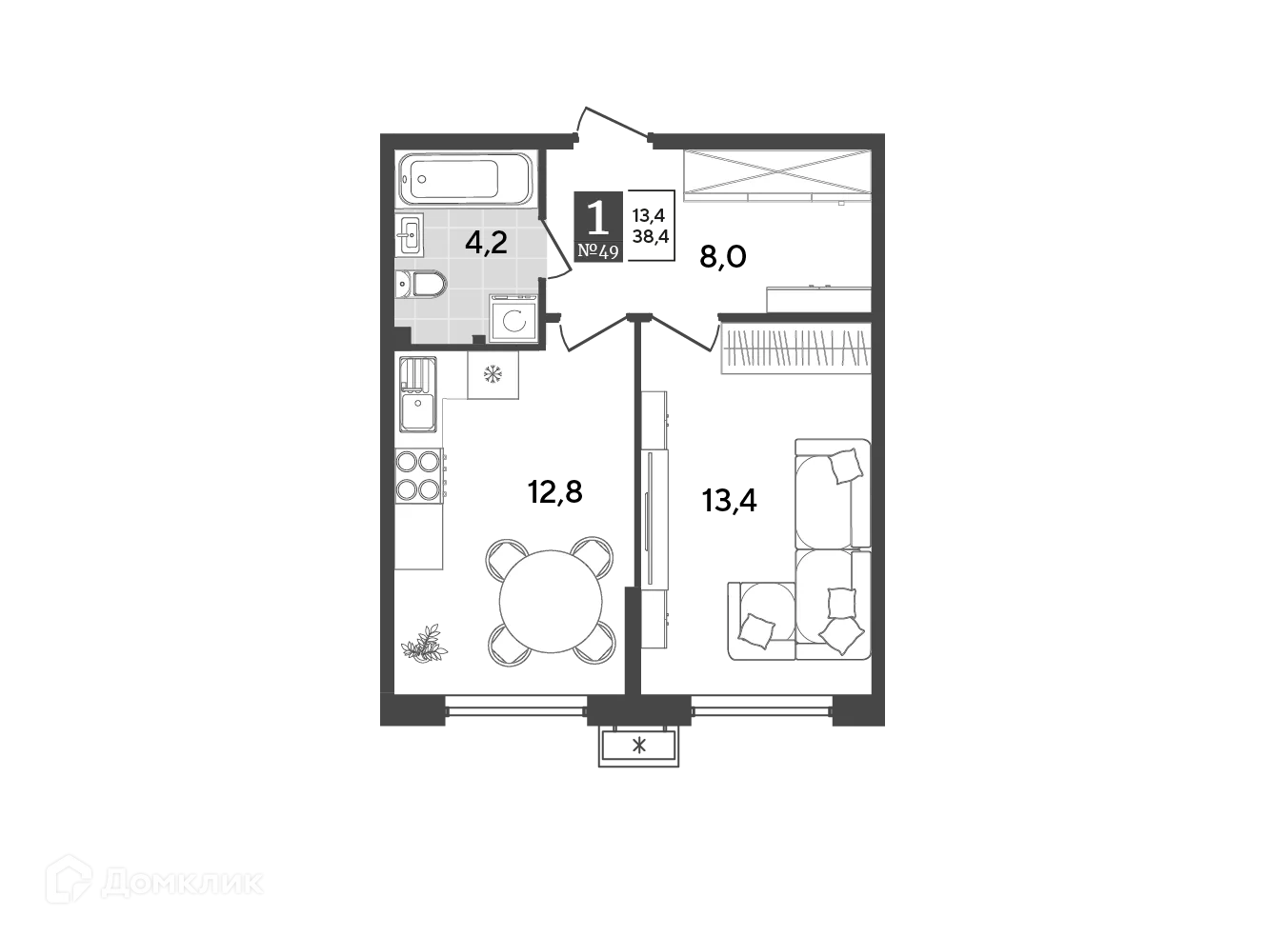 Планировка 1-комнатной квартиры 38.4 м² в ЖК Порто Ново, г. Новороссийск — фото 2