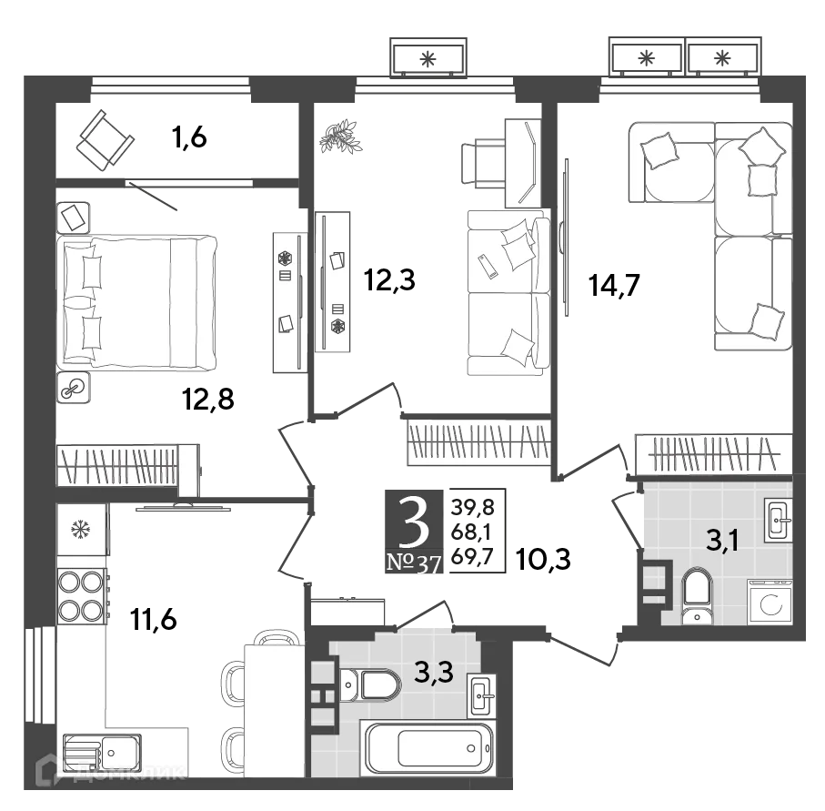 Планировка 3-комнатной квартиры 69.7 м² в ЖК Порто Ново, г. Новороссийск — фото 2