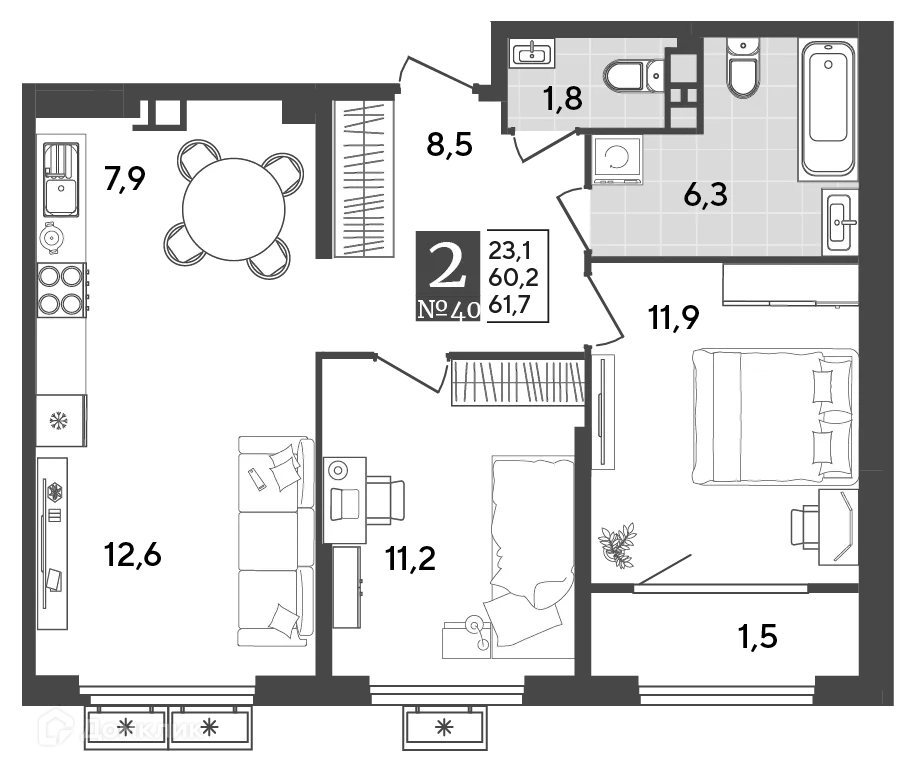 Планировка 2-комнатной квартиры 61.7 м² в ЖК Порто Ново, г. Новороссийск — фото 2