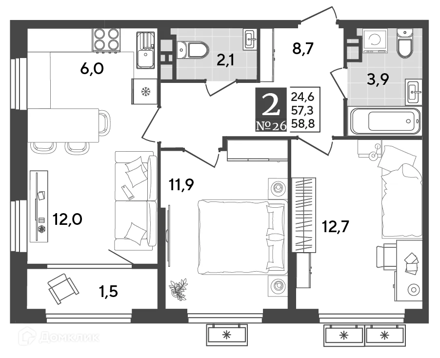 Планировка 2-комнатной квартиры 58.8 м² в ЖК Порто Ново, г. Новороссийск — фото 2