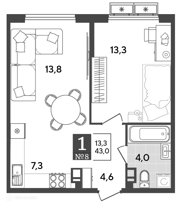 Планировка 1-комнатной квартиры 43 м² в ЖК Порто Ново, г. Новороссийск — фото 2