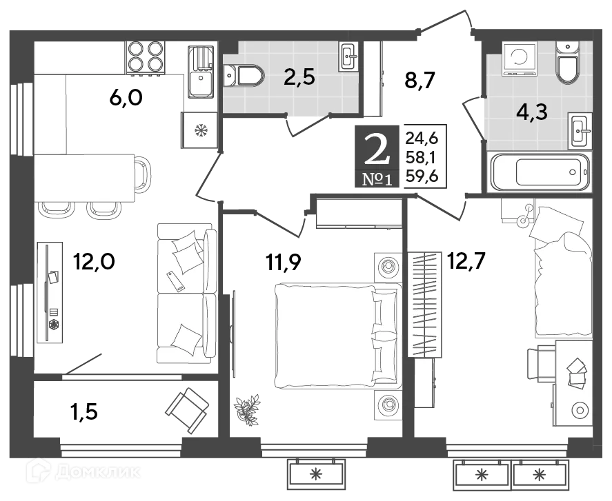 Планировка 2-комнатной квартиры 59.6 м² в ЖК Порто Ново, г. Новороссийск — фото 2