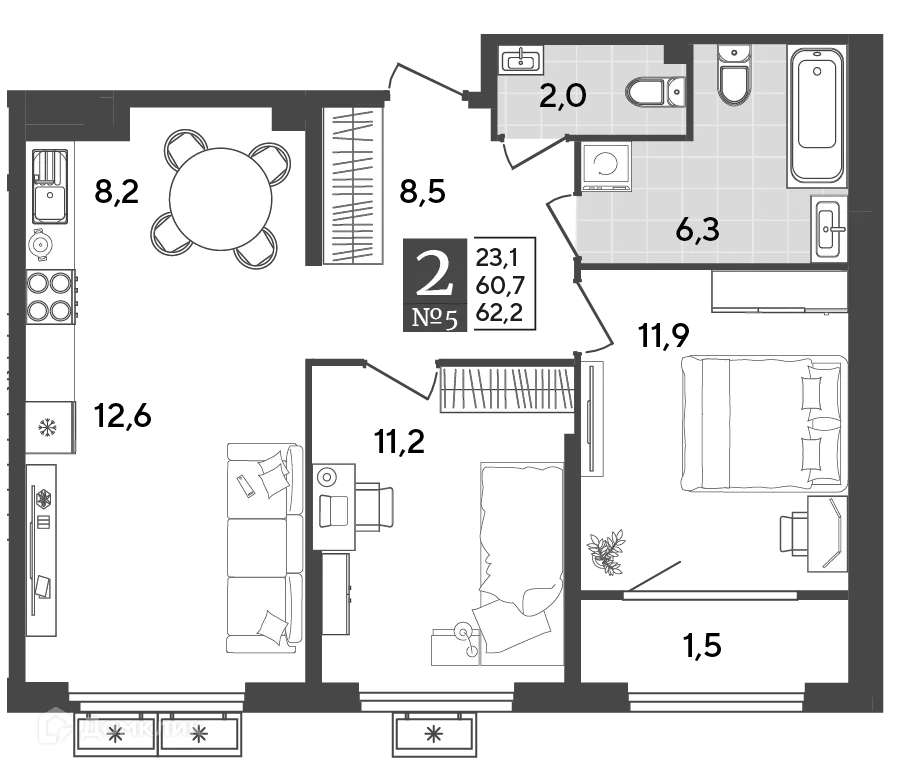 Планировка 2-комнатной квартиры 62.2 м² в ЖК Порто Ново, г. Новороссийск — фото 2