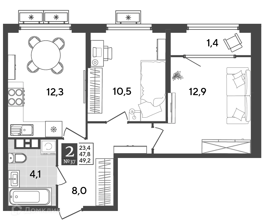 Планировка 2-комнатной квартиры 49.2 м² в ЖК Порто Ново, г. Новороссийск — фото 2