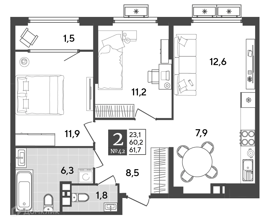 Планировка 2-комнатной квартиры 61.7 м² в ЖК Порто Ново, г. Новороссийск — фото 2