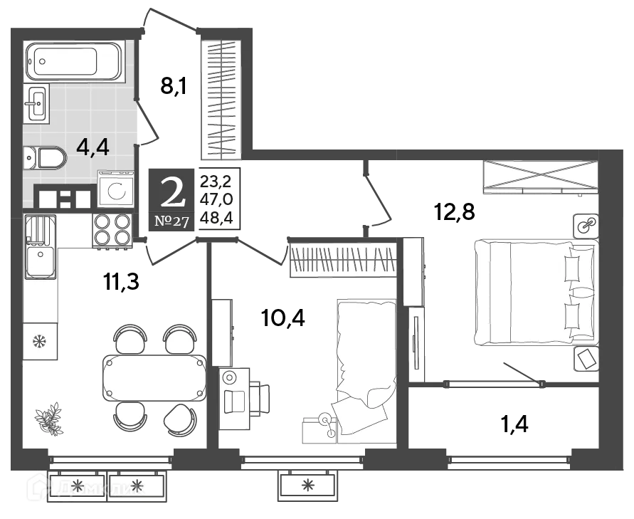 Планировка 2-комнатной квартиры 48.4 м² в ЖК Порто Ново, г. Новороссийск — фото 2