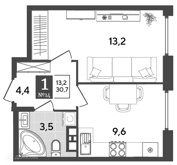 Планировка 1-комнатной квартиры 30.7 м² в ЖК Порто Ново, г. Новороссийск — фото 2