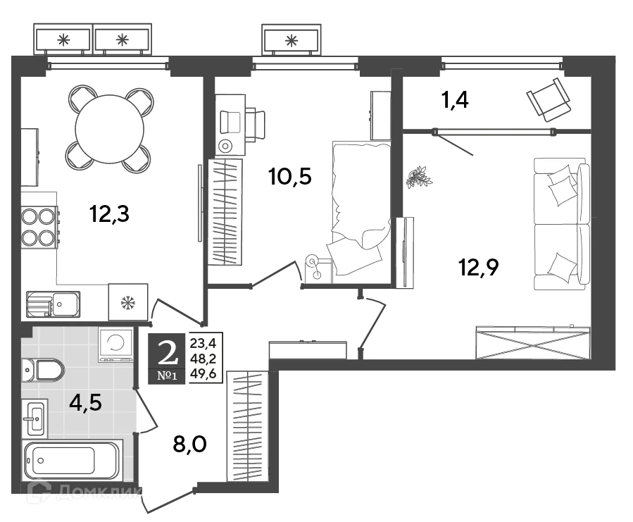 Планировка 2-комнатной квартиры 49.6 м² в ЖК Порто Ново, г. Новороссийск — фото 2