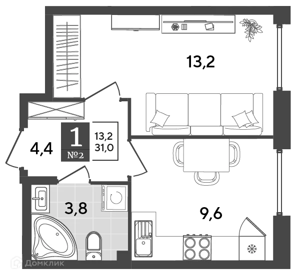 Планировка 1-комнатной квартиры 31 м² в ЖК Порто Ново, г. Новороссийск — фото 2