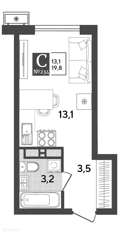 Планировка студии квартиры 19.8 м² в ЖК Порто Ново, г. Новороссийск — фото 2