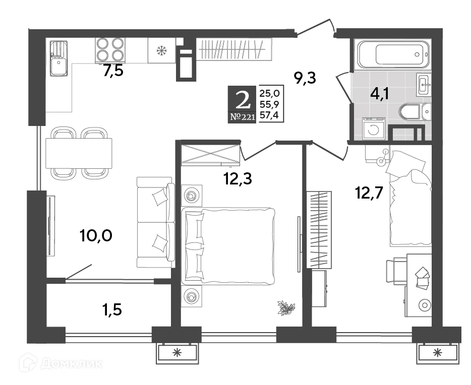 Планировка 2-комнатной квартиры 57.4 м² в ЖК Порто Ново, г. Новороссийск — фото 2