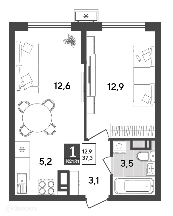 Планировка 1-комнатной квартиры 37.3 м² в ЖК Порто Ново, г. Новороссийск — фото 2