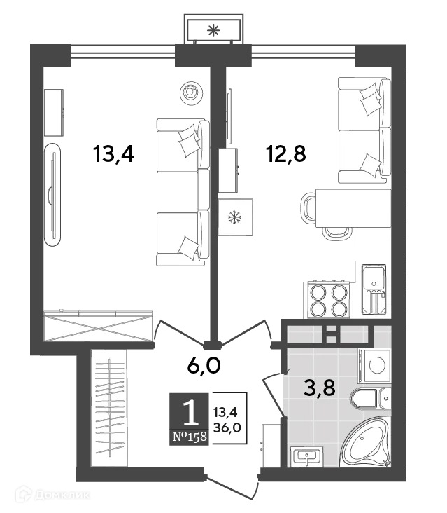 Планировка 1-комнатной квартиры 36 м² в ЖК Порто Ново, г. Новороссийск — фото 2