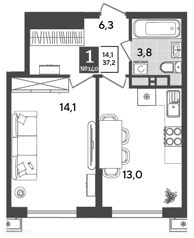 Планировка 1-комнатной квартиры 37.2 м² в ЖК Порто Ново, г. Новороссийск — фото 2