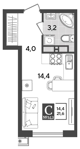 Планировка студии квартиры 21.6 м² в ЖК Порто Ново, г. Новороссийск — фото 2