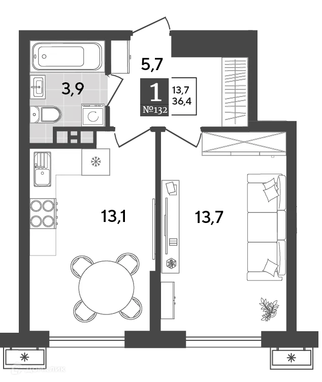 Планировка 1-комнатной квартиры 36.4 м² в ЖК Порто Ново, г. Новороссийск — фото 2