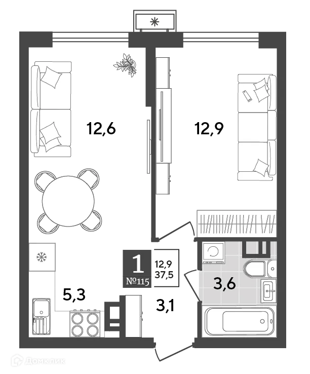 Планировка 1-комнатной квартиры 37.5 м² в ЖК Порто Ново, г. Новороссийск — фото 2