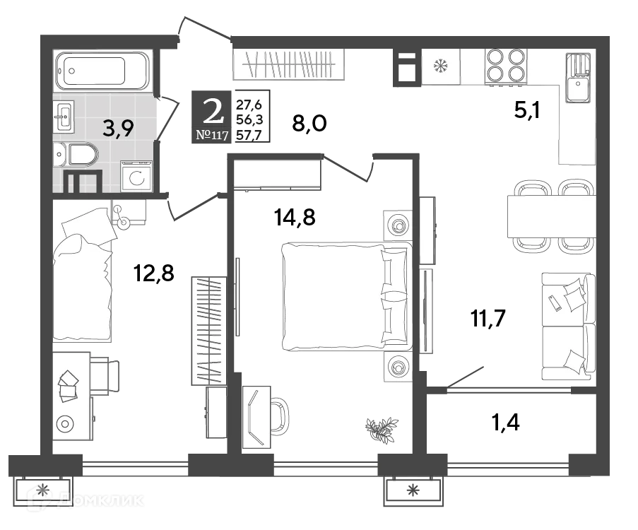 Планировка 2-комнатной квартиры 57.7 м² в ЖК Порто Ново, г. Новороссийск — фото 2