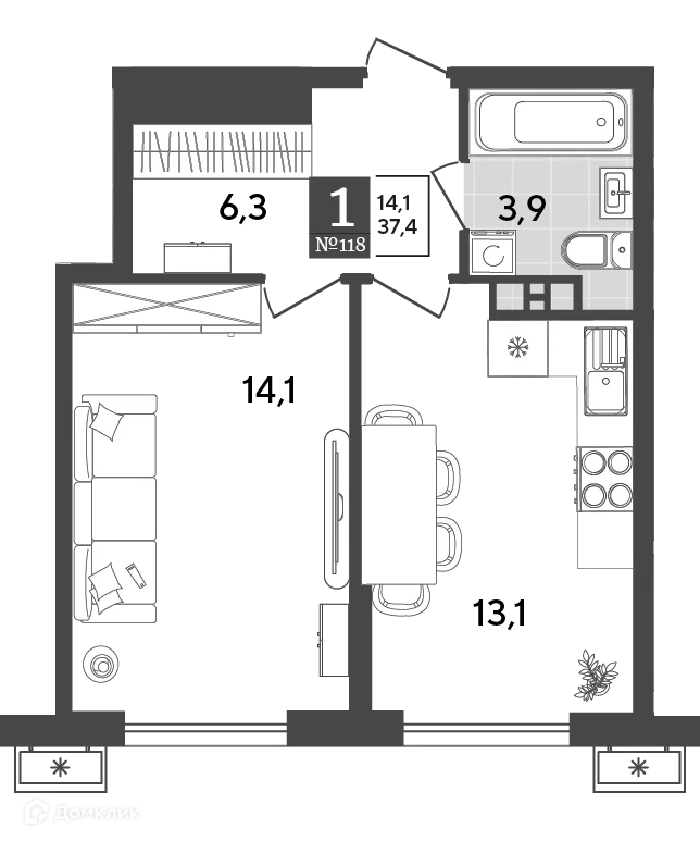 Планировка 1-комнатной квартиры 37.4 м² в ЖК Порто Ново, г. Новороссийск — фото 2
