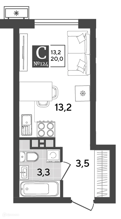 Планировка студии квартиры 20 м² в ЖК Порто Ново, г. Новороссийск — фото 2
