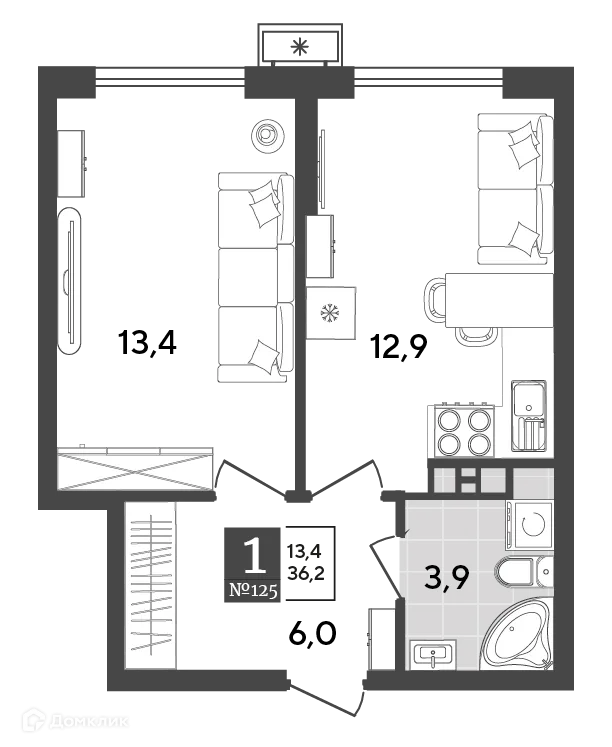 Планировка 1-комнатной квартиры 36.2 м² в ЖК Порто Ново, г. Новороссийск — фото 2