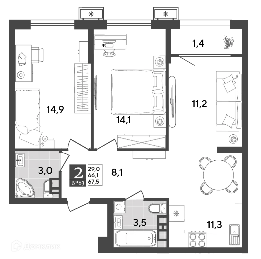 Планировка 2-комнатной квартиры 67.5 м² в ЖК Порто Ново, г. Новороссийск — фото 2