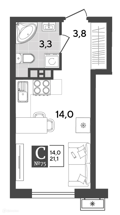 Планировка студии квартиры 21.1 м² в ЖК Порто Ново, г. Новороссийск — фото 2