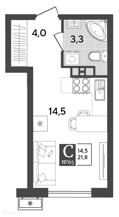 Планировка студии квартиры 21.8 м² в ЖК Порто Ново, г. Новороссийск — фото 2