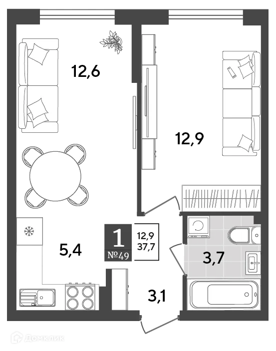 Планировка 1-комнатной квартиры 37.7 м² в ЖК Порто Ново, г. Новороссийск — фото 2