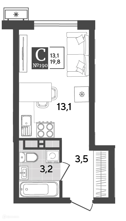 Планировка студии квартиры 19.8 м² в ЖК Порто Ново, г. Новороссийск — фото 2